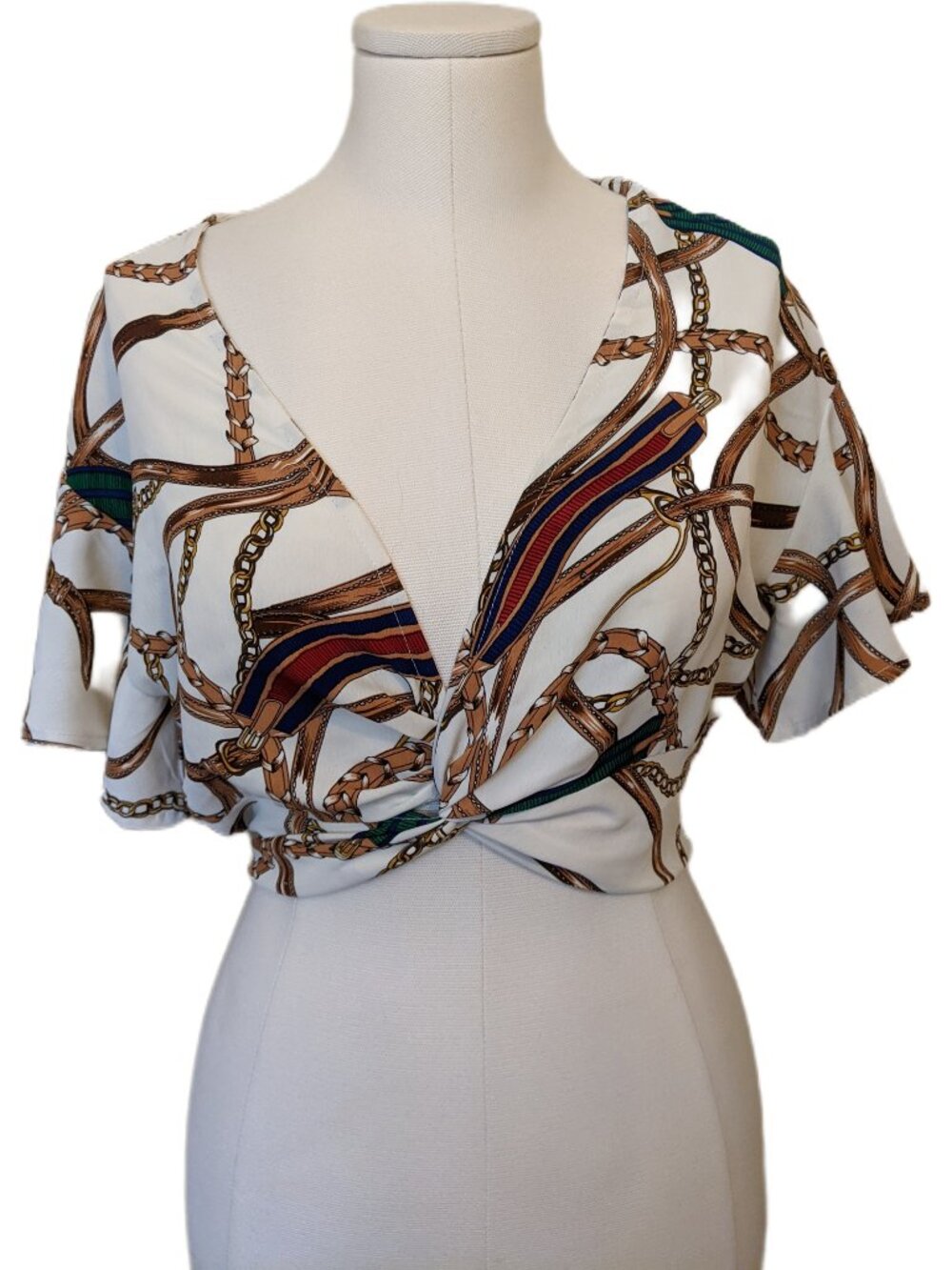 Twist Front Crop Top Equestrian Chain Print Deep V-Neck Club Party Going Out XS